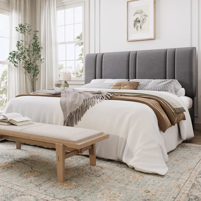 Main image of King Size Platform Bed Frame, Velvet Upholstered Bed with Adjustable Headboard, Vertical Channel Tufted Design, Sturdy Wood Slat Support, No Box Spring Needed, Easy Assembly, Light Grey