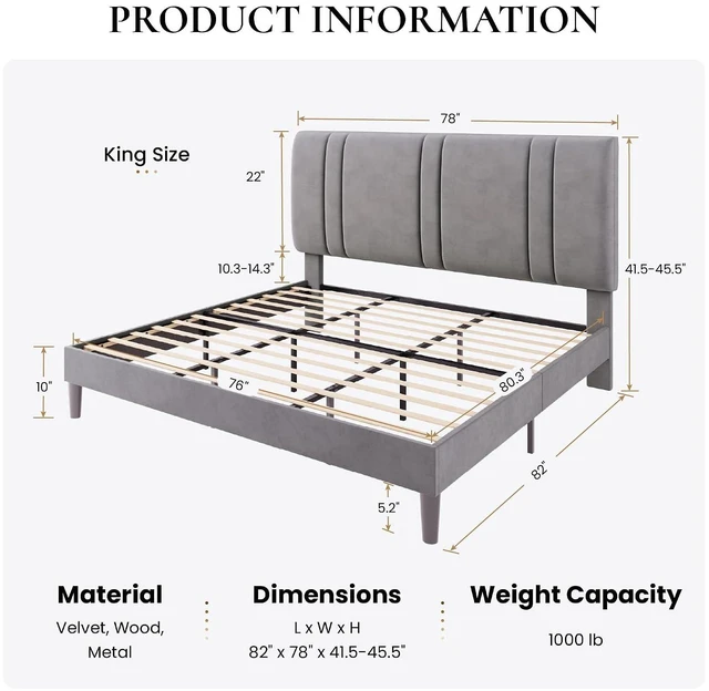 Alt view image 2 of 7 - King Size Platform Bed Frame, Velvet Upholstered Bed with Adjustable Headboard, Vertical Channel Tufted Design, Sturdy Wood Slat Support, No Box Spring Needed, Easy Assembly, Light Grey
