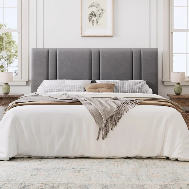 Alt view image 3 of 7 - King Size Platform Bed Frame, Velvet Upholstered Bed with Adjustable Headboard, Vertical Channel Tufted Design, Sturdy Wood Slat Support, No Box Spring Needed, Easy Assembly, Light Grey