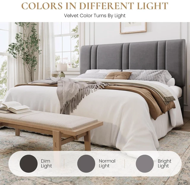 Alt view image 7 of 7 - King Size Platform Bed Frame, Velvet Upholstered Bed with Adjustable Headboard, Vertical Channel Tufted Design, Sturdy Wood Slat Support, No Box Spring Needed, Easy Assembly, Light Grey