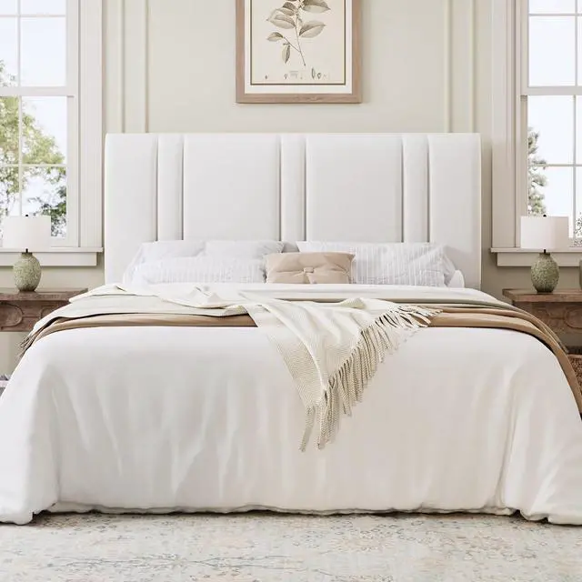 Alt view image 3 of 7 - Queen Size Platform Bed Frame, Velvet Upholstered Bed with Adjustable Headboard, Vertical Channel Tufted Design, Sturdy Wood Slat Support, No Box Spring Needed, Easy Assembly, White