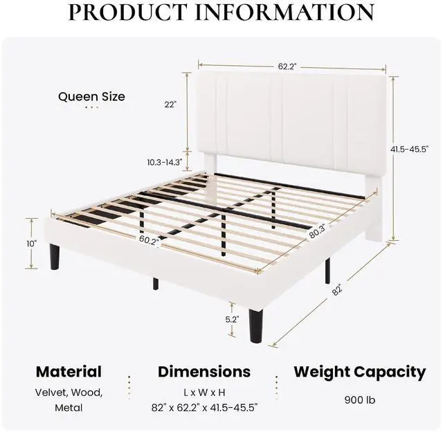 Alt view image 2 of 7 - Queen Size Platform Bed Frame, Velvet Upholstered Bed with Adjustable Headboard, Vertical Channel Tufted Design, Sturdy Wood Slat Support, No Box Spring Needed, Easy Assembly, White