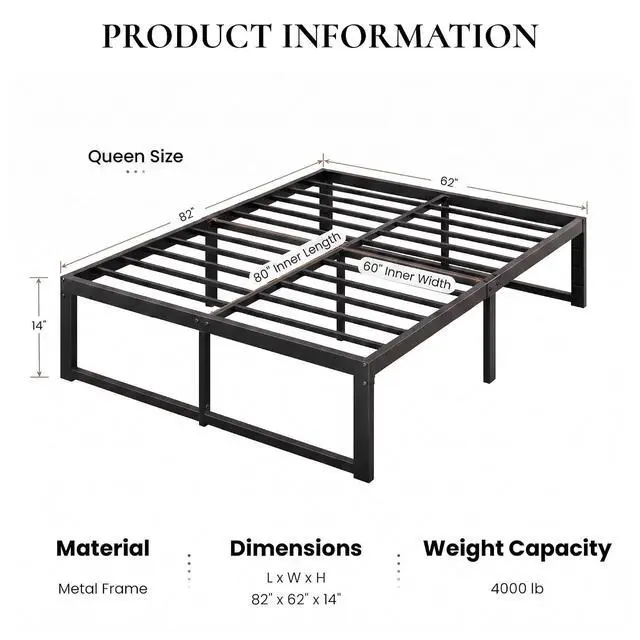 Alt view image 2 of 7 - 14 Inch Heavy Duty Queen Bed Frame, 4000 lbs Capacity Metal Platform Beds with Reinforced Legs,No Box Spring Required,Easy Assembly,Black