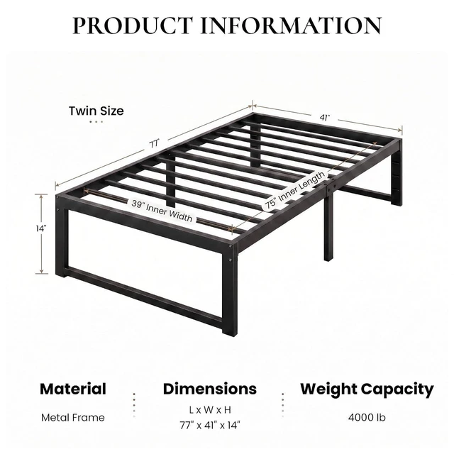 Alt view image 2 of 7 - 14 Inch Heavy Duty Twin Bed Frame, 4000 lbs Capacity Metal Platform Beds with Reinforced Legs,No Box Spring Required,Easy Assembly,Black