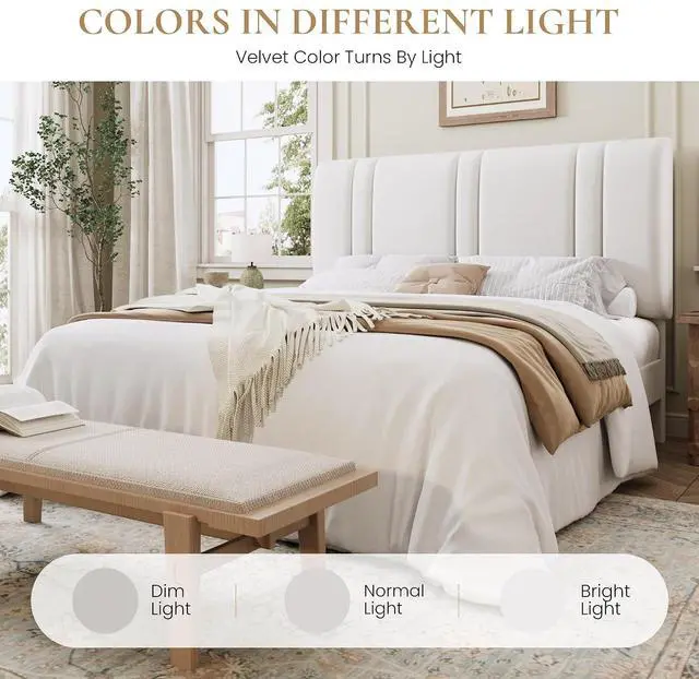 Alt view image 7 of 7 - Queen Size Platform Bed Frame, Velvet Upholstered Bed with Adjustable Headboard, Vertical Channel Tufted Design, Sturdy Wood Slat Support, No Box Spring Needed, Easy Assembly, White