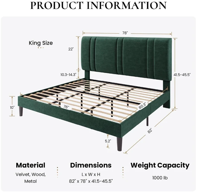 Alt view image 2 of 7 - King Size Platform Bed Frame, Velvet Upholstered Bed with Adjustable Headboard, Vertical Channel Tufted Design, Sturdy Wood Slat Support, No Box Spring Needed, Easy Assembly, Green