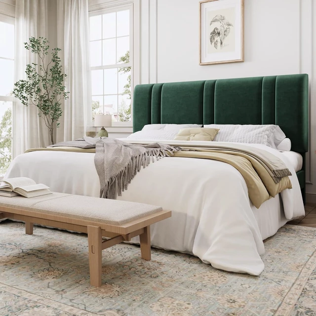 Main image of King Size Platform Bed Frame, Velvet Upholstered Bed with Adjustable Headboard, Vertical Channel Tufted Design, Sturdy Wood Slat Support, No Box Spring Needed, Easy Assembly, Green