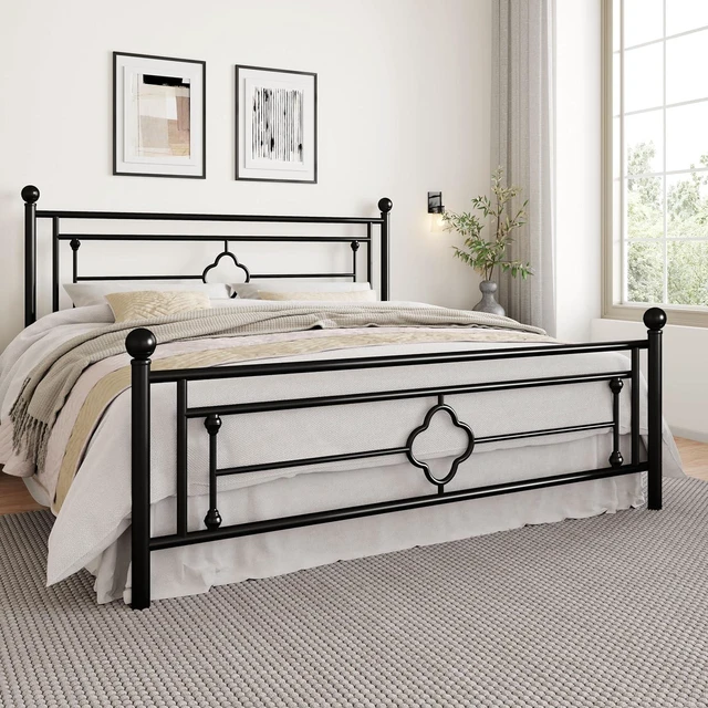 Alt view image 3 of 7 - 14 Inches King Size Metal Platform Bed Frame/Vintage Iron-Art Headboard and Footboard/Mattress Foundation for Storage/No Box Spring Needed/Noise-Free/Easy Assembly/Black