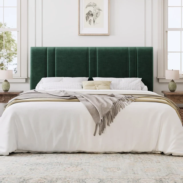Alt view image 3 of 7 - King Size Platform Bed Frame, Velvet Upholstered Bed with Adjustable Headboard, Vertical Channel Tufted Design, Sturdy Wood Slat Support, No Box Spring Needed, Easy Assembly, Green