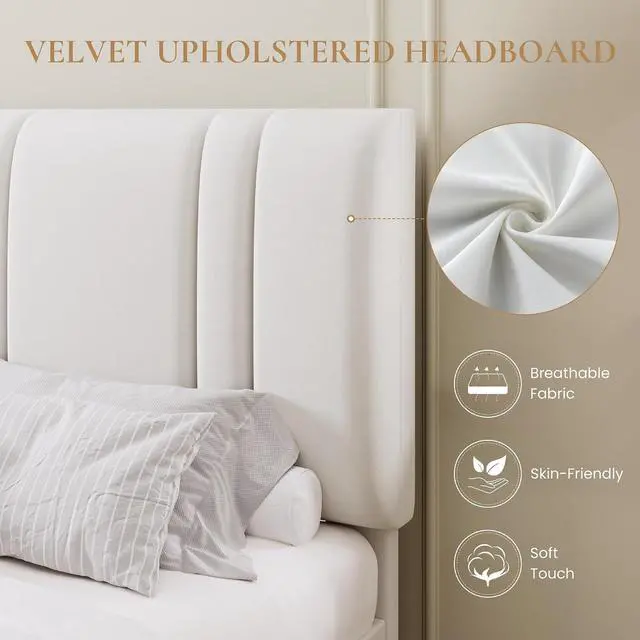 Alt view image 4 of 7 - Queen Size Platform Bed Frame, Velvet Upholstered Bed with Adjustable Headboard, Vertical Channel Tufted Design, Sturdy Wood Slat Support, No Box Spring Needed, Easy Assembly, White