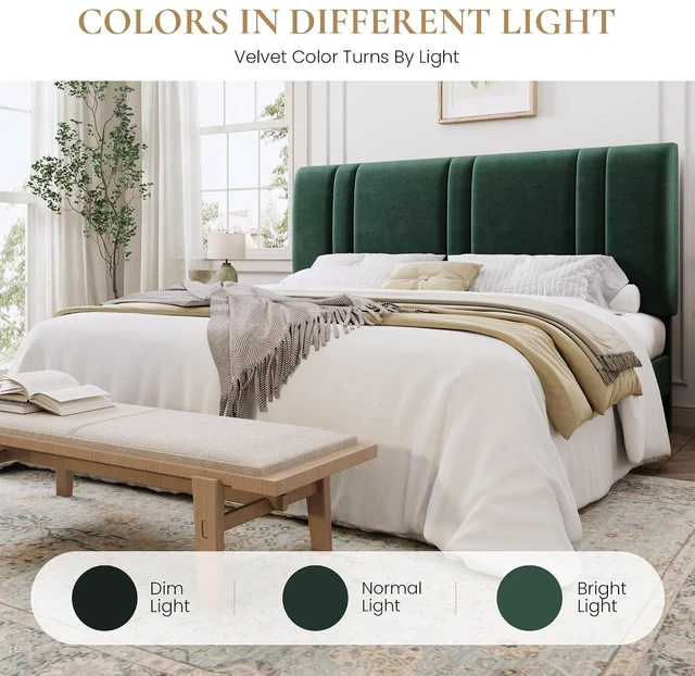 Alt view image 7 of 7 - King Size Platform Bed Frame, Velvet Upholstered Bed with Adjustable Headboard, Vertical Channel Tufted Design, Sturdy Wood Slat Support, No Box Spring Needed, Easy Assembly, Green