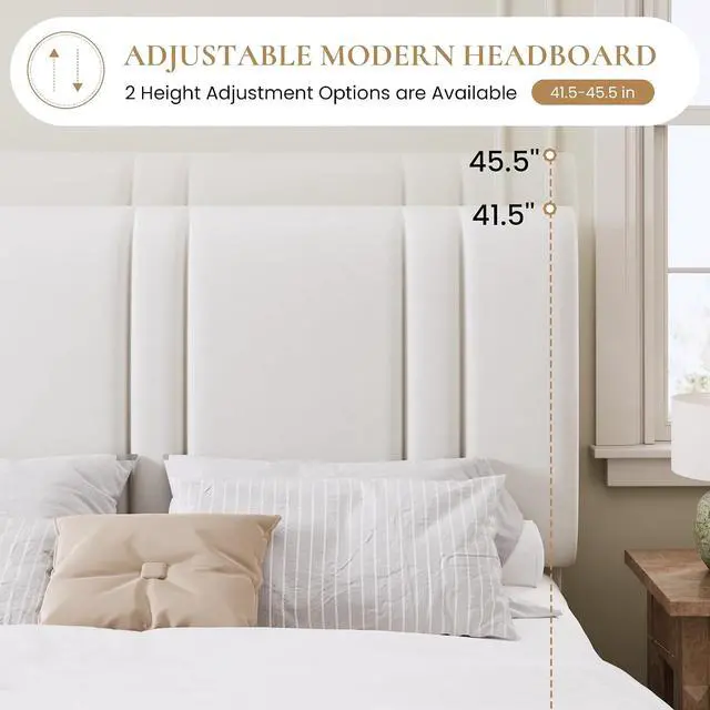 Alt view image 5 of 7 - Queen Size Platform Bed Frame, Velvet Upholstered Bed with Adjustable Headboard, Vertical Channel Tufted Design, Sturdy Wood Slat Support, No Box Spring Needed, Easy Assembly, White