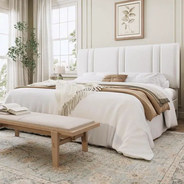 Main image of King Size Platform Bed Frame, Velvet Upholstered Bed with Adjustable Headboard, Vertical Channel Tufted Design, Sturdy Wood Slat Support, No Box Spring Needed, Easy Assembly, White