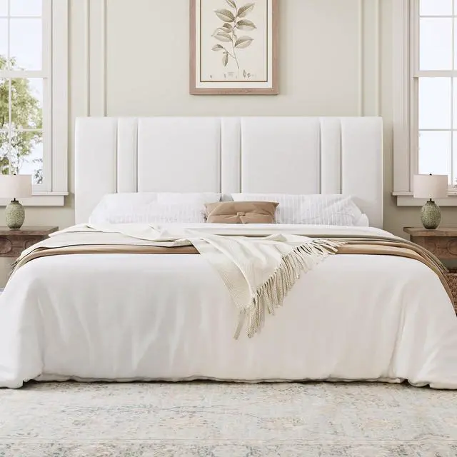 Alt view image 3 of 7 - King Size Platform Bed Frame, Velvet Upholstered Bed with Adjustable Headboard, Vertical Channel Tufted Design, Sturdy Wood Slat Support, No Box Spring Needed, Easy Assembly, White