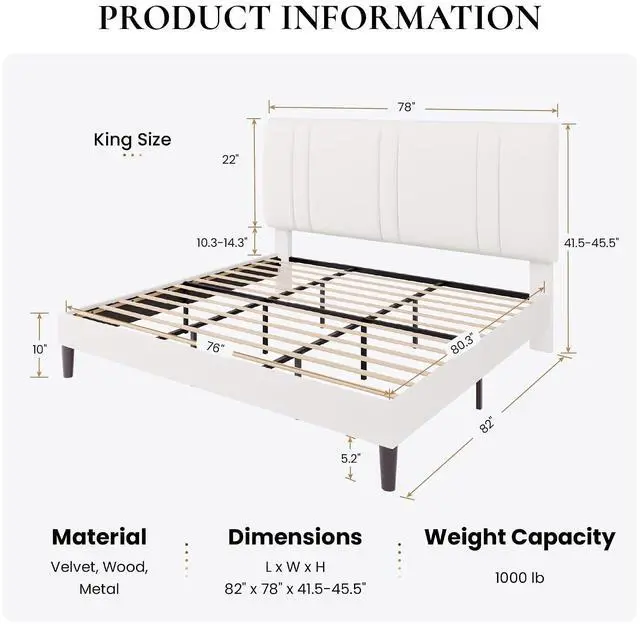 Alt view image 2 of 7 - King Size Platform Bed Frame, Velvet Upholstered Bed with Adjustable Headboard, Vertical Channel Tufted Design, Sturdy Wood Slat Support, No Box Spring Needed, Easy Assembly, White