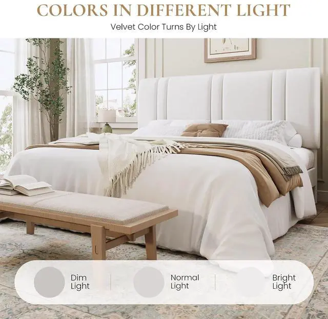 Alt view image 7 of 7 - King Size Platform Bed Frame, Velvet Upholstered Bed with Adjustable Headboard, Vertical Channel Tufted Design, Sturdy Wood Slat Support, No Box Spring Needed, Easy Assembly, White