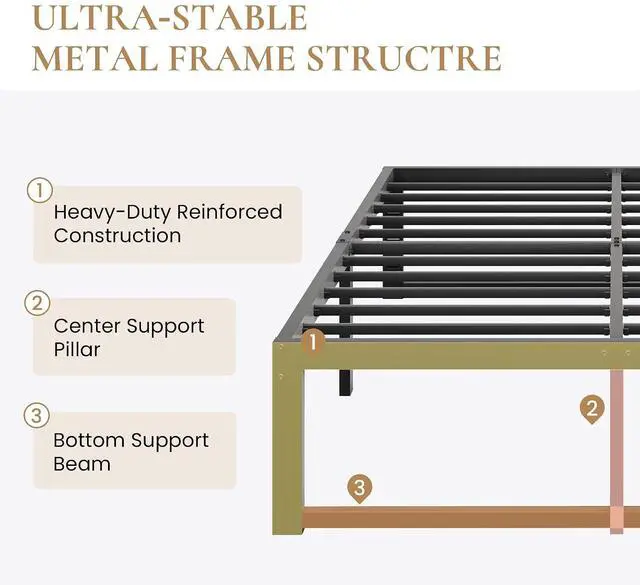Alt view image 3 of 7 - 14 Inch Heavy Duty Queen Bed Frame, 4000 lbs Capacity Metal Platform Beds with Reinforced Legs,No Box Spring Required,Easy Assembly,Black