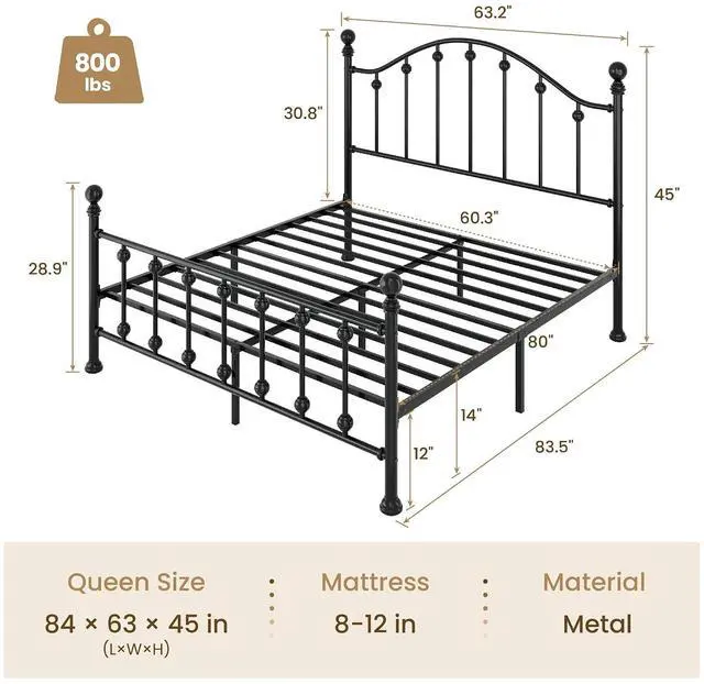 Alt view image 2 of 7 - Queen Metal Bed Frame, Victorian Style Platform Bed with Curved Headboard and Classic Footboard, No Box Spring Needed, Black