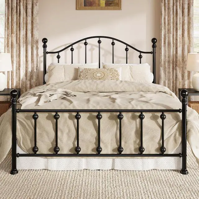 Main image of Queen Metal Bed Frame, Victorian Style Platform Bed with Curved Headboard and Classic Footboard, No Box Spring Needed, Black