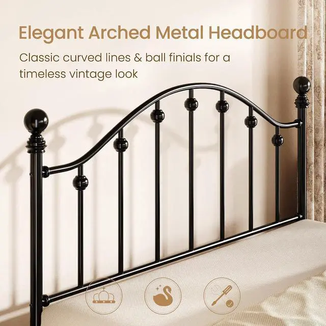 Alt view image 3 of 7 - Queen Metal Bed Frame, Victorian Style Platform Bed with Curved Headboard and Classic Footboard, No Box Spring Needed, Black