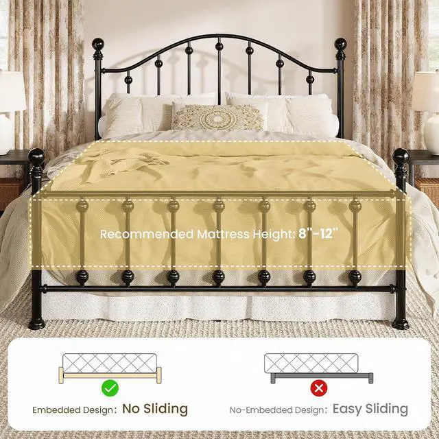 Alt view image 7 of 7 - Queen Metal Bed Frame, Victorian Style Platform Bed with Curved Headboard and Classic Footboard, No Box Spring Needed, Black