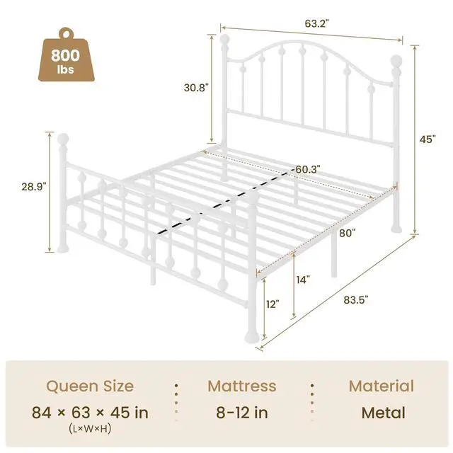 Alt view image 2 of 7 - Queen Metal Bed Frame, Victorian Style Platform Bed with Curved Headboard and Classic Footboard, No Box Spring Needed, White