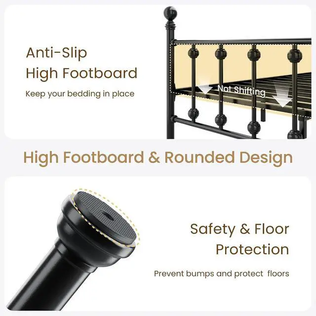 Alt view image 6 of 7 - Queen Metal Bed Frame, Victorian Style Platform Bed with Curved Headboard and Classic Footboard, No Box Spring Needed, Black