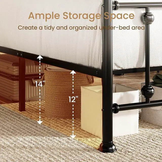 Alt view image 4 of 7 - Queen Metal Bed Frame, Victorian Style Platform Bed with Curved Headboard and Classic Footboard, No Box Spring Needed, Black