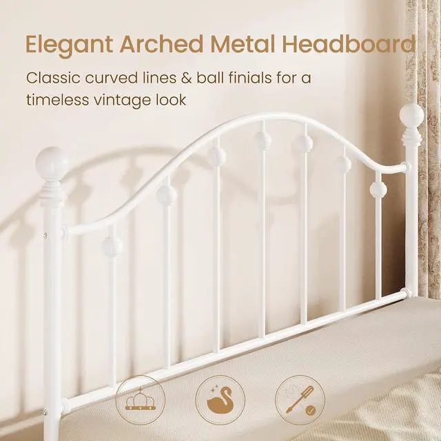 Alt view image 3 of 7 - Queen Metal Bed Frame, Victorian Style Platform Bed with Curved Headboard and Classic Footboard, No Box Spring Needed, White