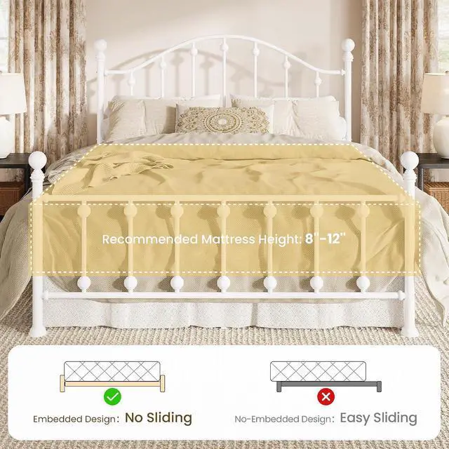 Alt view image 7 of 7 - Queen Metal Bed Frame, Victorian Style Platform Bed with Curved Headboard and Classic Footboard, No Box Spring Needed, White