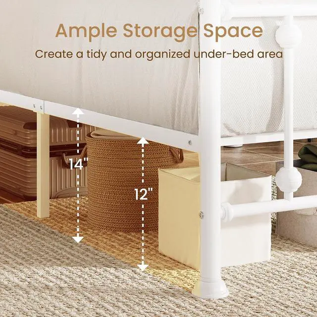 Alt view image 4 of 7 - Queen Metal Bed Frame, Victorian Style Platform Bed with Curved Headboard and Classic Footboard, No Box Spring Needed, White