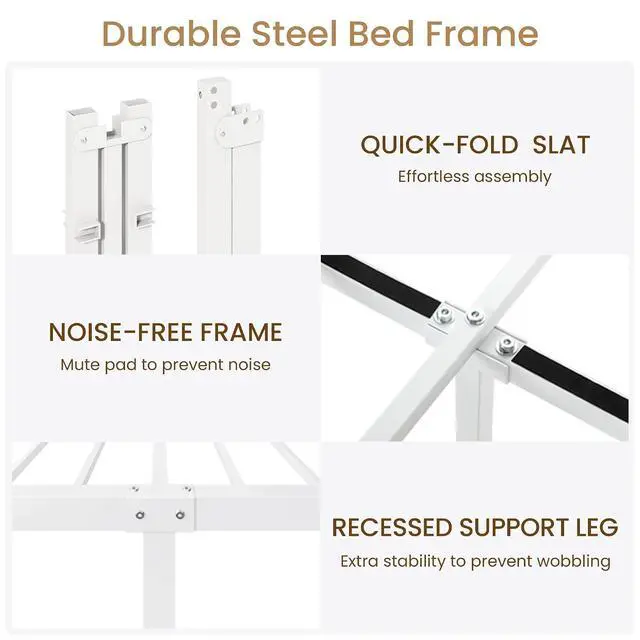 Alt view image 5 of 7 - Queen Metal Bed Frame, Victorian Style Platform Bed with Curved Headboard and Classic Footboard, No Box Spring Needed, White