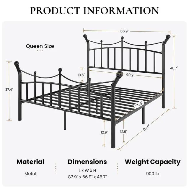 Alt view image 2 of 7 - 14 Inch Queen Size Metal Bed Frame, Victorian Crown Style Platform Bed Frame with Headboard and Footboard, 12.6" Under-Bed Storage, No Box Spring Needed, Noise Free, Easy Assembly, Black