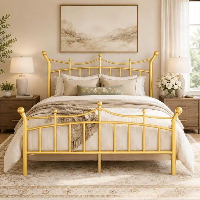Main image of 14 Inches Queen Size Metal Platform Bed Frame with Crown Style Victorian Headboard & Footboard, Ample Under Bed Storage, Noise Free, Easy Assembly, No Box Spring Needed, Gold