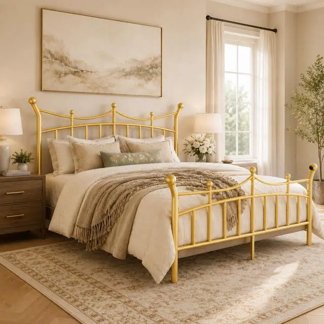 Alt view image 3 of 7 - 14 Inches Queen Size Metal Platform Bed Frame with Crown Style Victorian Headboard & Footboard, Ample Under Bed Storage, Noise Free, Easy Assembly, No Box Spring Needed, Gold