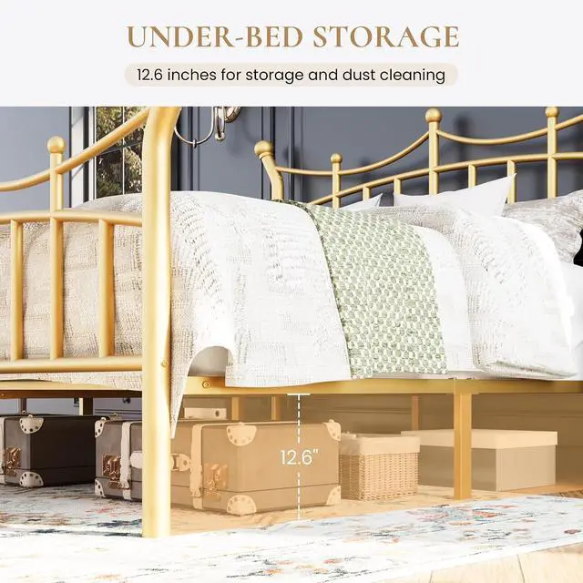 Alt view image 5 of 7 - 14 Inches Queen Size Metal Platform Bed Frame with Crown Style Victorian Headboard & Footboard, Ample Under Bed Storage, Noise Free, Easy Assembly, No Box Spring Needed, Gold