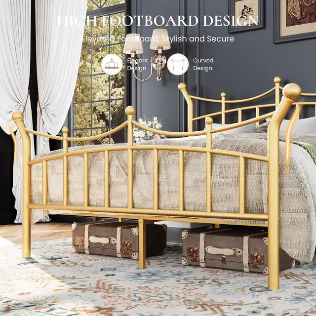 Alt view image 6 of 7 - 14 Inches Queen Size Metal Platform Bed Frame with Crown Style Victorian Headboard & Footboard, Ample Under Bed Storage, Noise Free, Easy Assembly, No Box Spring Needed, Gold
