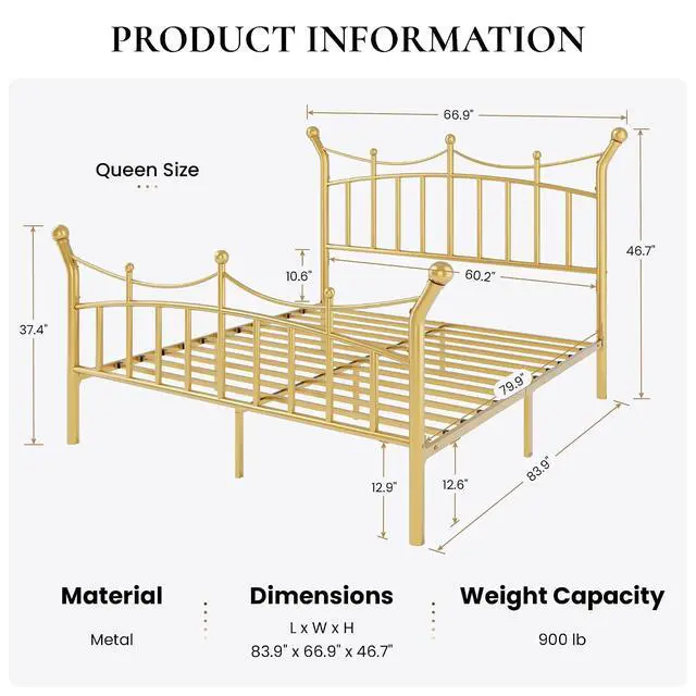 Alt view image 2 of 7 - 14 Inches Queen Size Metal Platform Bed Frame with Crown Style Victorian Headboard & Footboard, Ample Under Bed Storage, Noise Free, Easy Assembly, No Box Spring Needed, Gold