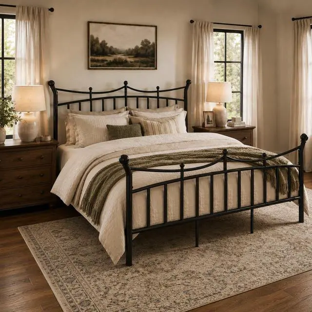 Alt view image 3 of 7 - 14 Inches King Size Metal Platform Bed Frame with Crown Style Victorian Headboard & Footboard, Ample Under Bed Storage, Noise Free, Easy Assembly, No Box Spring Needed, Black