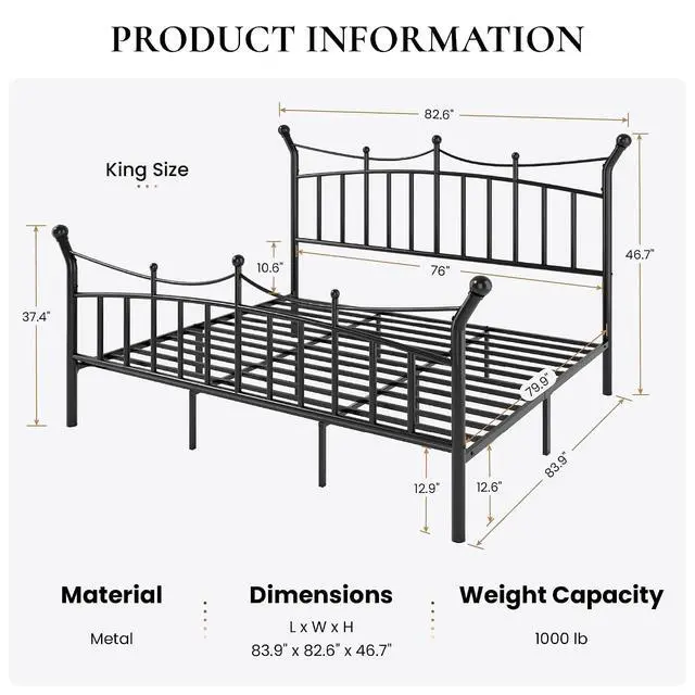 Alt view image 2 of 7 - 14 Inches King Size Metal Platform Bed Frame with Crown Style Victorian Headboard & Footboard, Ample Under Bed Storage, Noise Free, Easy Assembly, No Box Spring Needed, Black