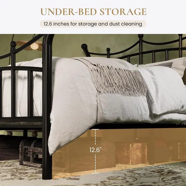 Alt view image 5 of 7 - 14 Inches King Size Metal Platform Bed Frame with Crown Style Victorian Headboard & Footboard, Ample Under Bed Storage, Noise Free, Easy Assembly, No Box Spring Needed, Black