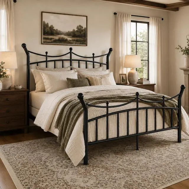 Alt view image 3 of 7 - 14 Inch Queen Size Metal Bed Frame, Victorian Crown Style Platform Bed Frame with Headboard and Footboard, 12.6" Under-Bed Storage, No Box Spring Needed, Noise Free, Easy Assembly, Black