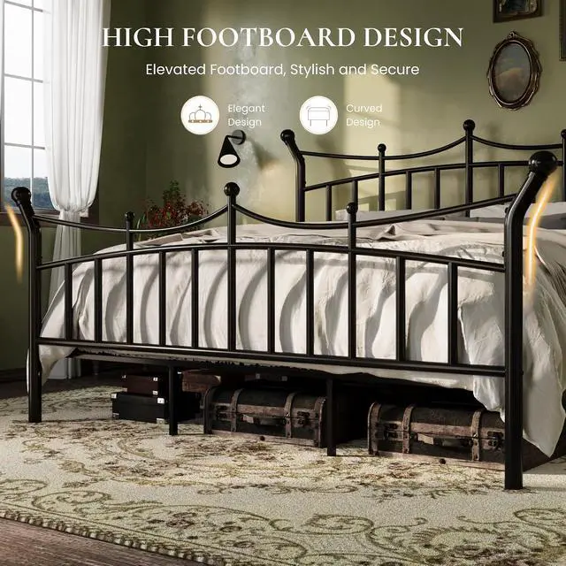 Alt view image 6 of 7 - 14 Inches King Size Metal Platform Bed Frame with Crown Style Victorian Headboard & Footboard, Ample Under Bed Storage, Noise Free, Easy Assembly, No Box Spring Needed, Black