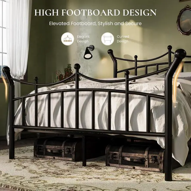 Alt view image 6 of 7 - 14 Inch Queen Size Metal Bed Frame, Victorian Crown Style Platform Bed Frame with Headboard and Footboard, 12.6" Under-Bed Storage, No Box Spring Needed, Noise Free, Easy Assembly, Black