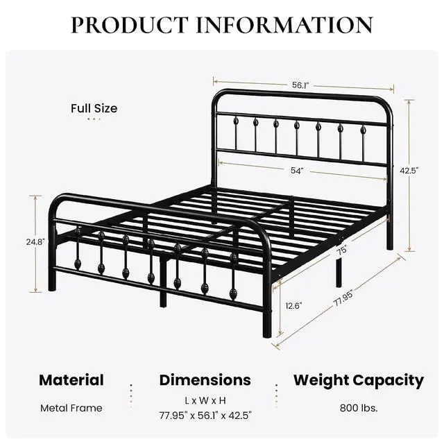 Alt view image 2 of 7 - Full Size Metal Platform Bed Frame with Victorian Style Iron-Art Headboard and Footboard, Easy Assembly, Under Bed Storage, No Box Spring Required, Black