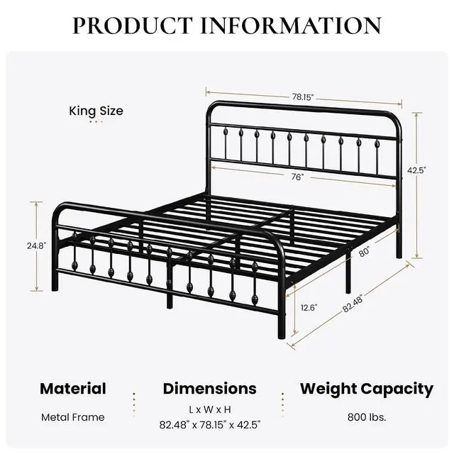 Alt view image 2 of 7 - King Size Metal Platform Bed Frame with Victorian Style Iron-Art Headboard and Footboard, Easy Assembly, Under Bed Storage, No Box Spring Required, Black