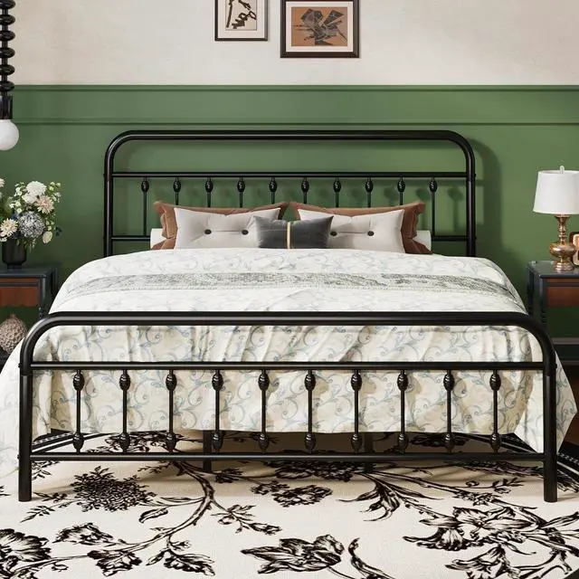 Main image of King Size Metal Platform Bed Frame with Victorian Style Iron-Art Headboard and Footboard, Easy Assembly, Under Bed Storage, No Box Spring Required, Black