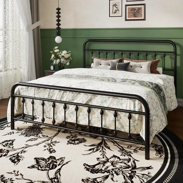 Alt view image 3 of 7 - King Size Metal Platform Bed Frame with Victorian Style Iron-Art Headboard and Footboard, Easy Assembly, Under Bed Storage, No Box Spring Required, Black