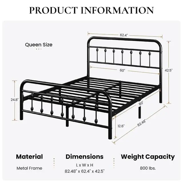 Alt view image 2 of 7 - Queen Size Metal Platform Bed Frame with Victorian Style Iron-Art Headboard and Footboard, Easy Assembly, Under Bed Storage, No Box Spring Required, Black