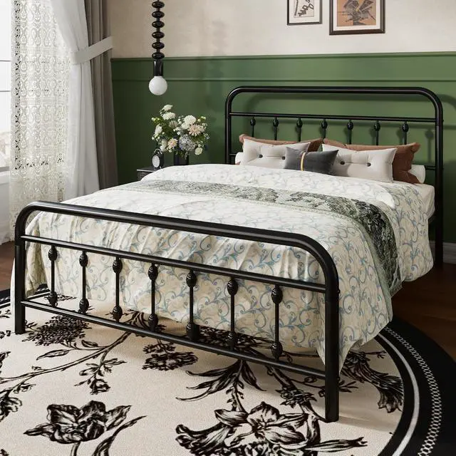 Alt view image 3 of 7 - Queen Size Metal Platform Bed Frame with Victorian Style Iron-Art Headboard and Footboard, Easy Assembly, Under Bed Storage, No Box Spring Required, Black